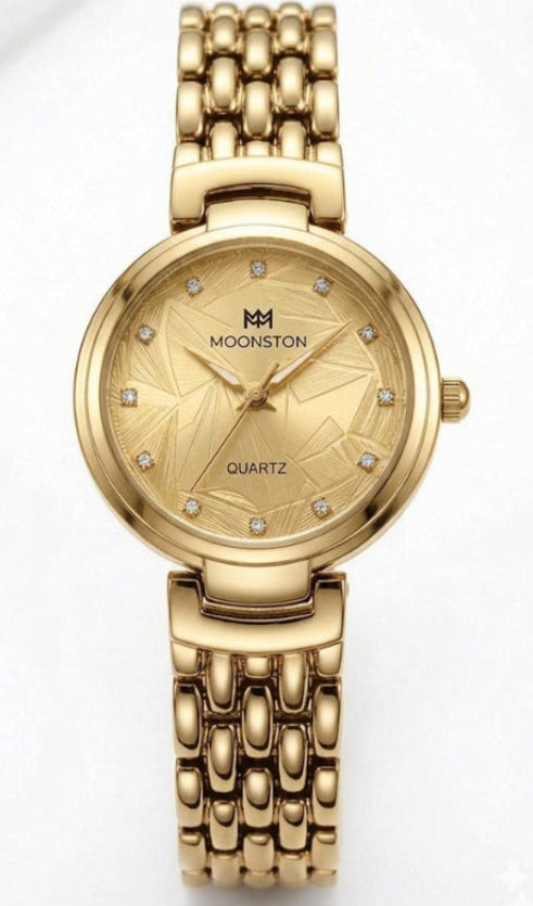Gold wristwatch with diamond-studded face on a white background